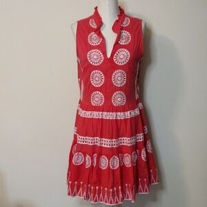 Oliphant Sleeveless Coral Dress Embroidered Details Size M
